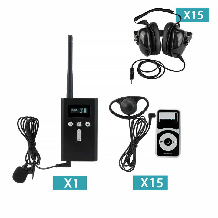 T130P/TT034 Noise-Canceling Tour Headset System - 1 Transmitter + 15 Receivers + 15 Noise-canceling Headphones