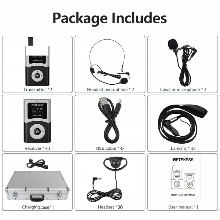 T130U/T131U UHF Tour Guide System - US version - 2 Transmitters + 30 Receivers + 1 32-Slot Charging Case