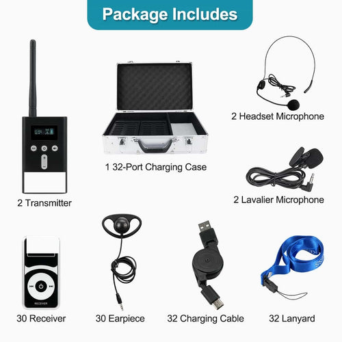 T130P/T131P Guided Tour System - KIT 1: 2 Transmitters + 30 Receivers + 1 Charging case