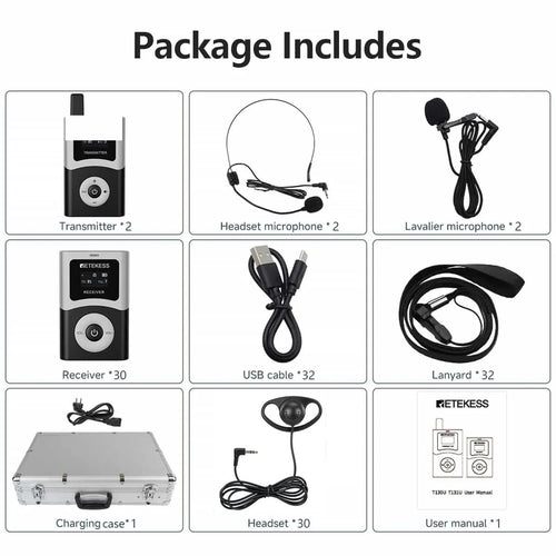T130U/T131U UHF Tour Guide System - US version - 2 Transmitters + 30 Receivers + 1 32-Slot Charging Case