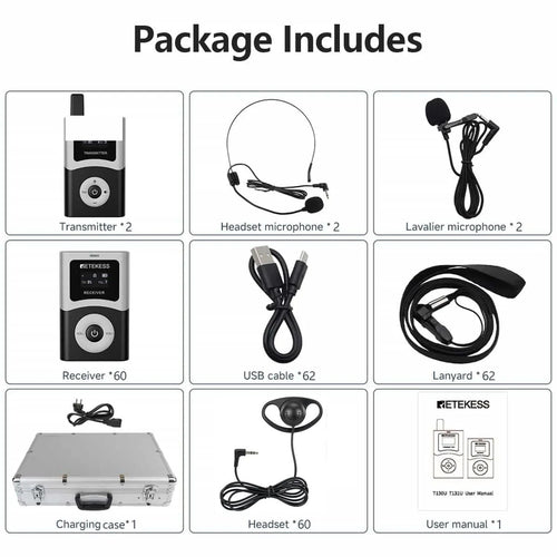 T130U/T131U UHF Tour Guide System - US version - 2 Transmitters + 60 Receivers + 1 64-Slot Charging Case
