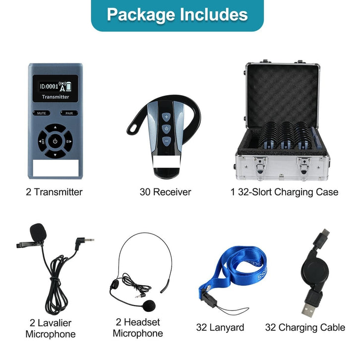TT106S Simultaneous Interpretation System - Right Ear Receiver - KIT 1：2 Transmitters + 30 Receivers + 1 Charging case