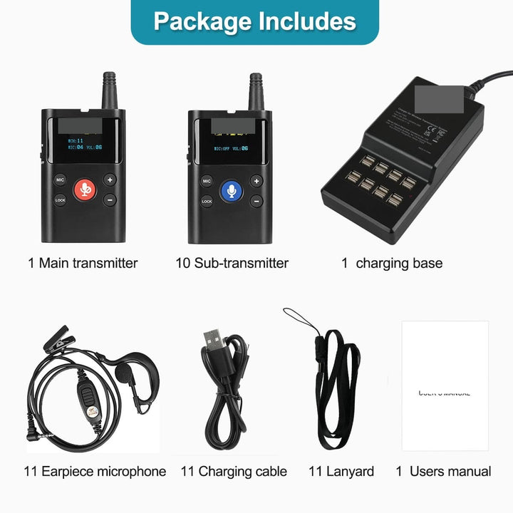TT126 Two-Way Tour Guide System - US version - KIT1: 1 main transmitter + 10 sub-transmitters + 1 charging base